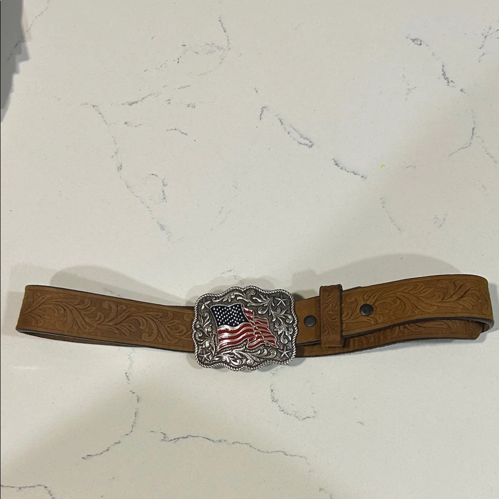 Child Size Soft Brown Leather Belt with American Flag Buckle